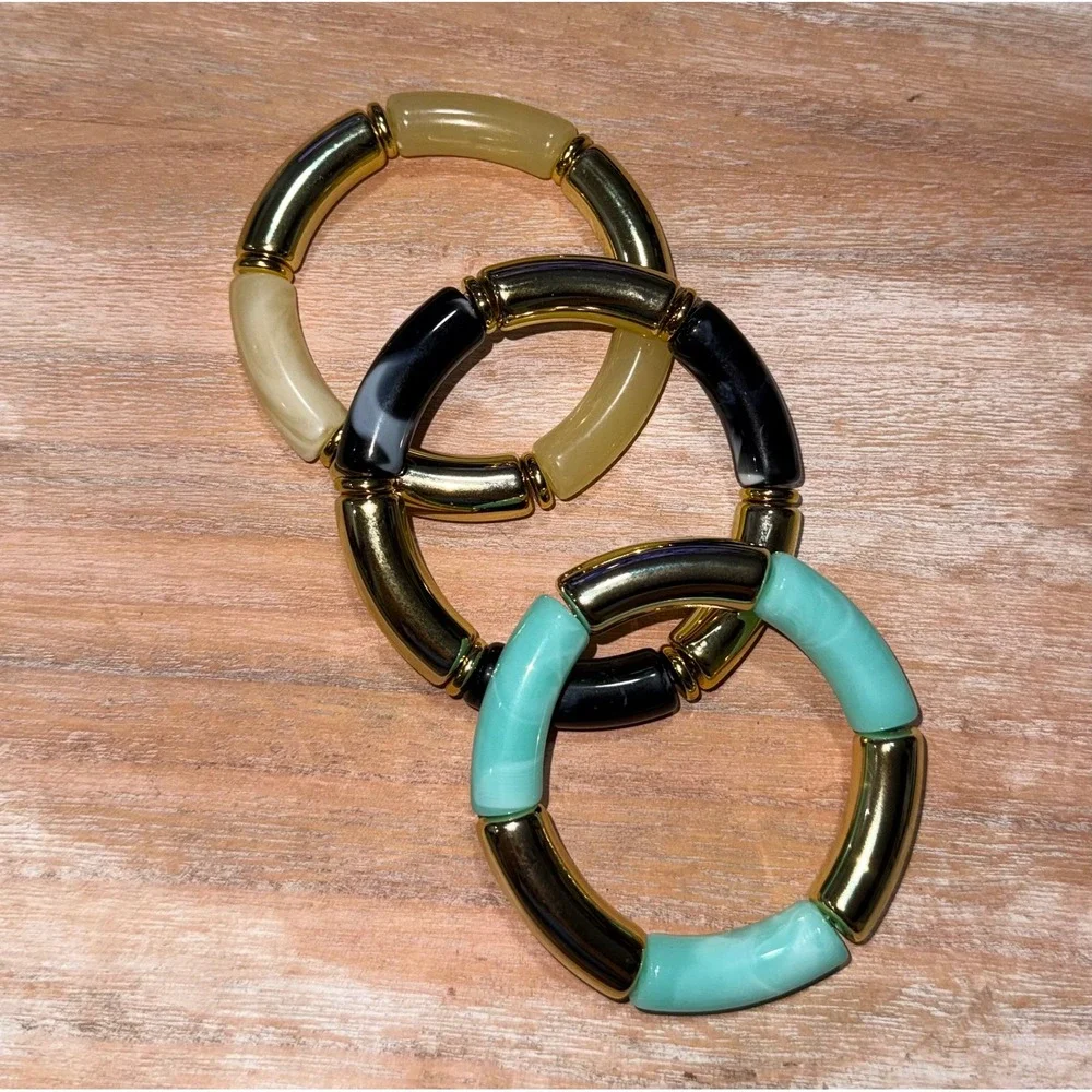 Glam Coastal Luxe Stretch Bracelet‎ Stack Set Gold Aqua Ivory Black